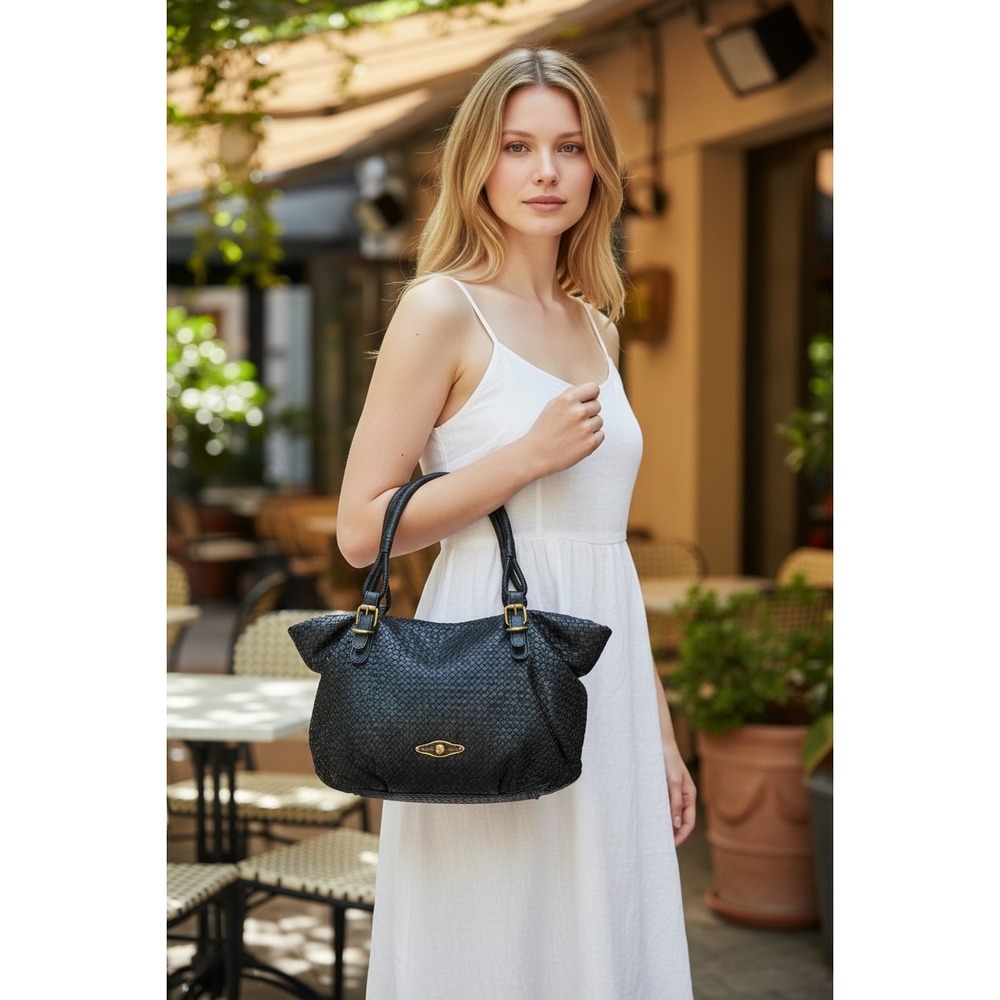 Elliott Lucca Black Woven leather Slouchy Shoulder Tote Bag Medium Zip Top